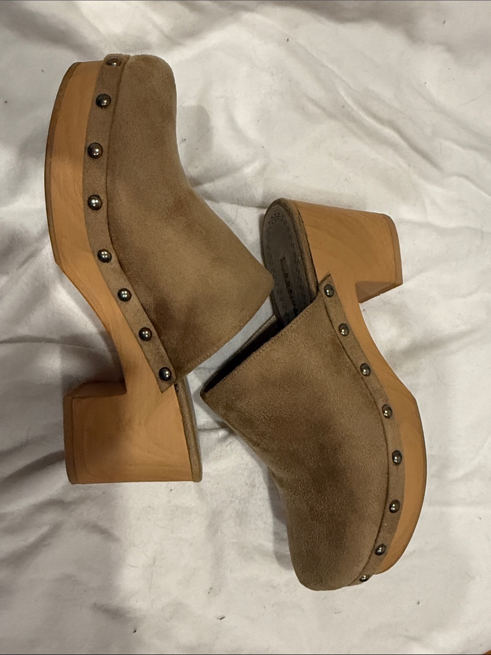 Women's Tan Suede Studded Wood-Platform Clogs